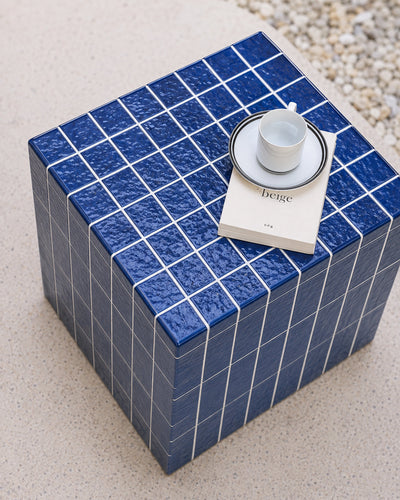 blue mosaic cube stool size reference photo next to everyday objects