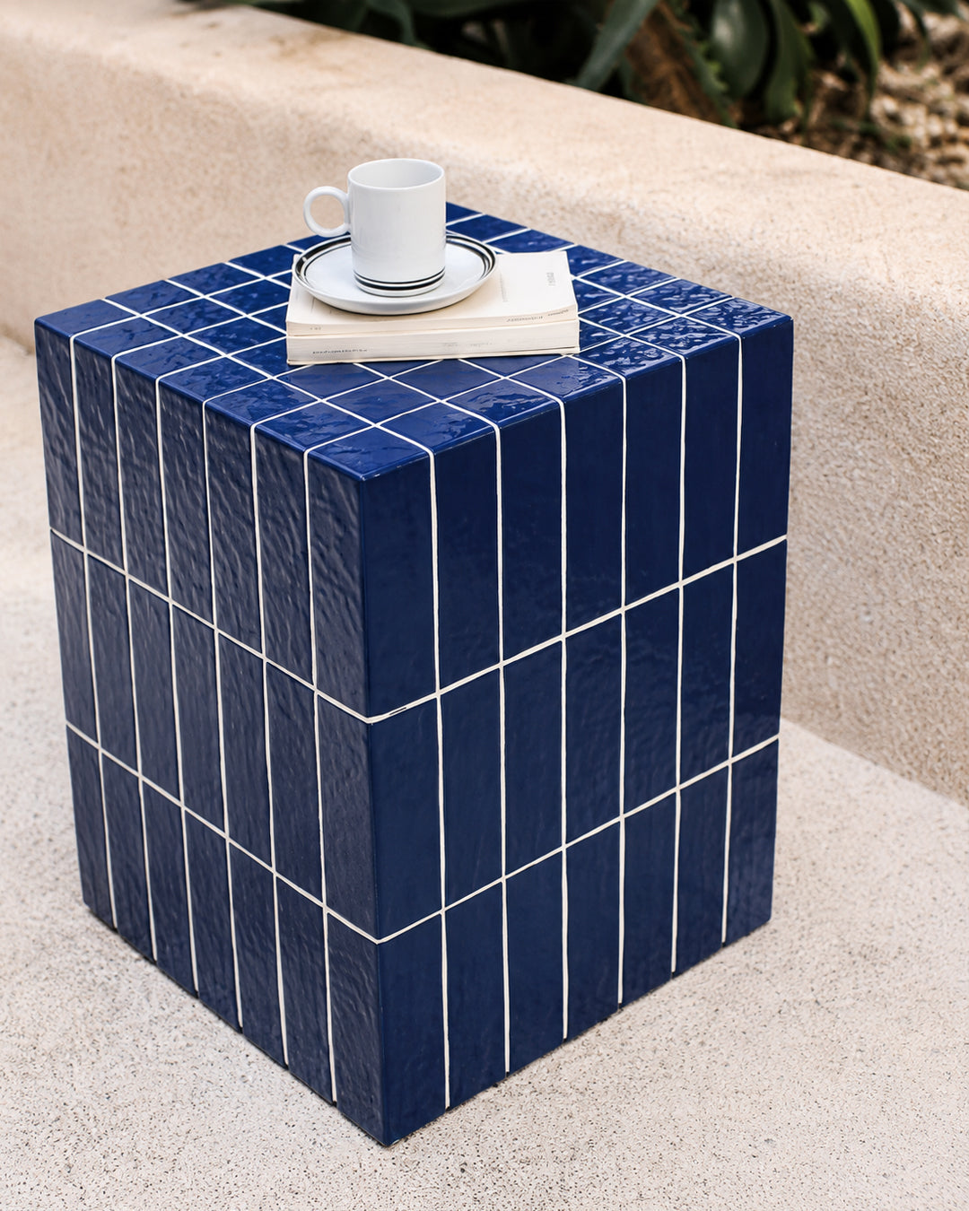 blue tile cube stool top view photo showing full tiled surface