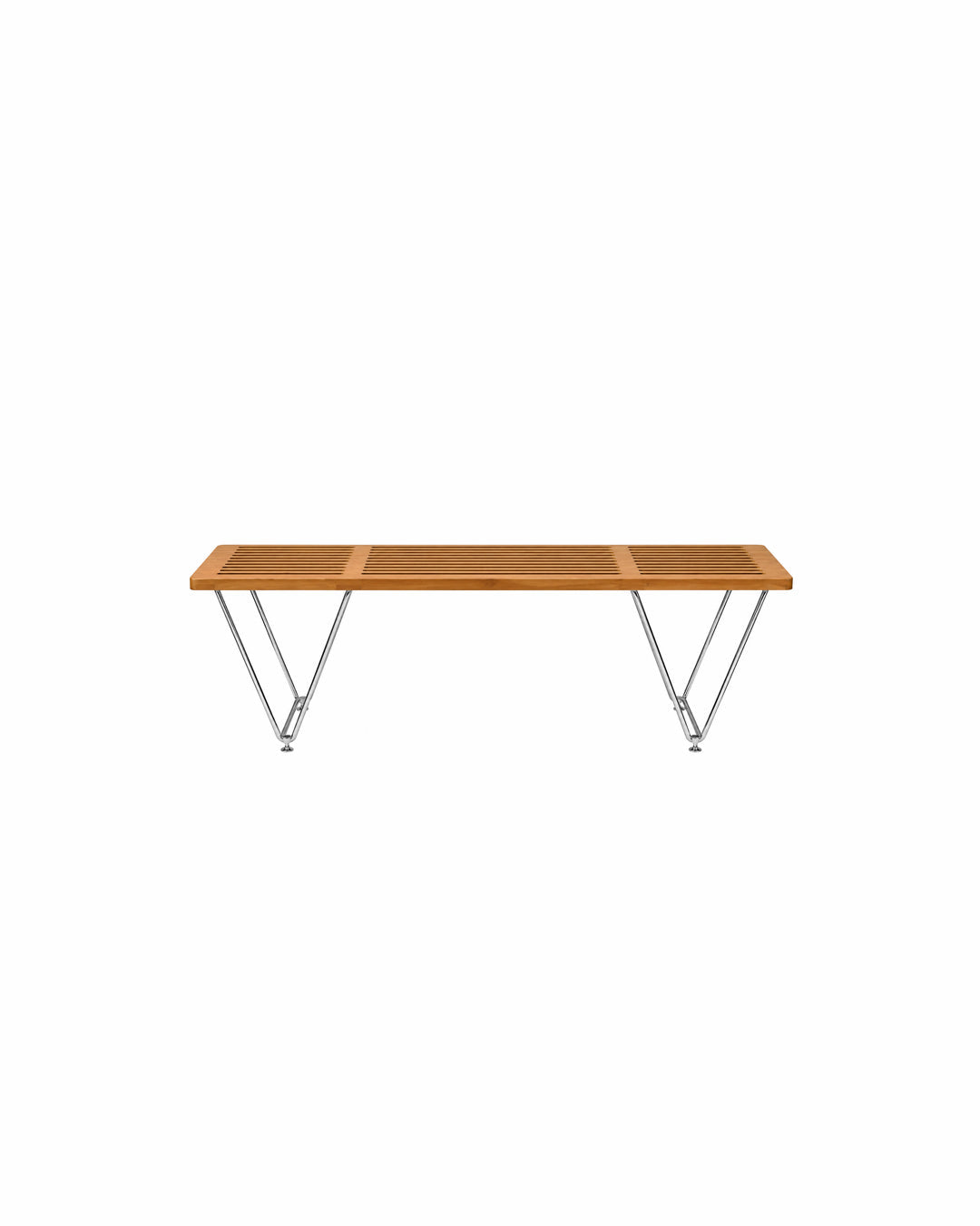 Natural wood finish slat bench, 120cm length, front view
