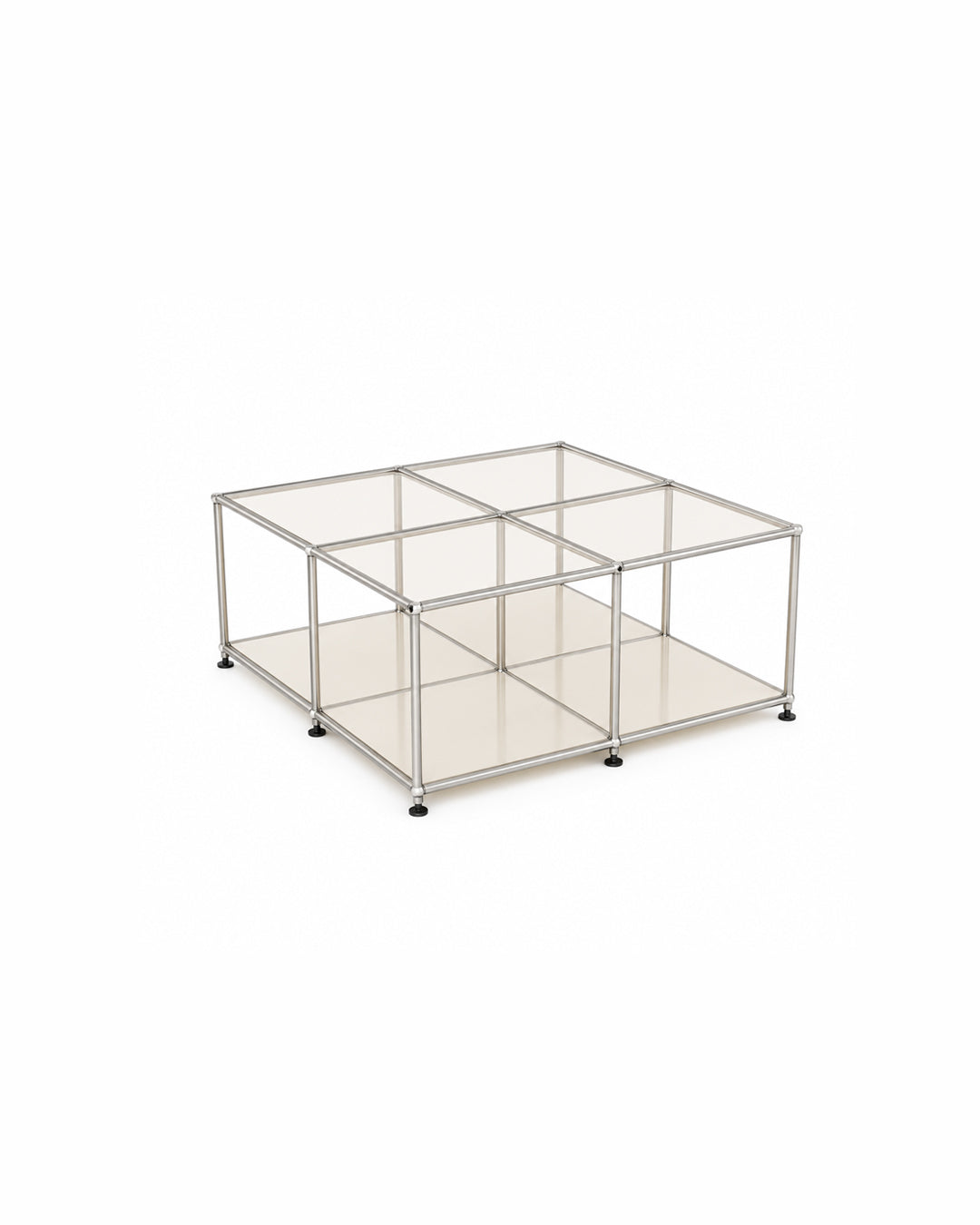 Modular glass and steel cube table in a beige-toned room