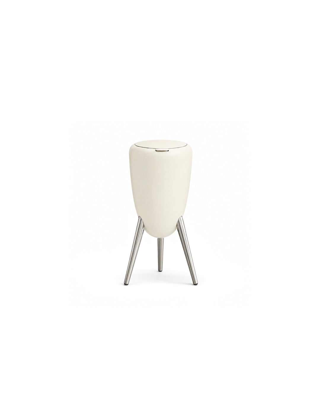 egg shape tripod trash can with lid in white - front view product photo