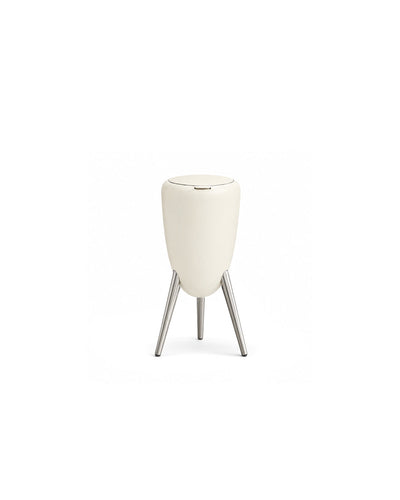 egg shape tripod trash can with lid in white - front view product photo