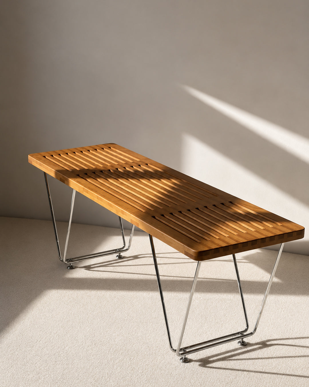 Slat bench used as a low coffee table alongside a sofa