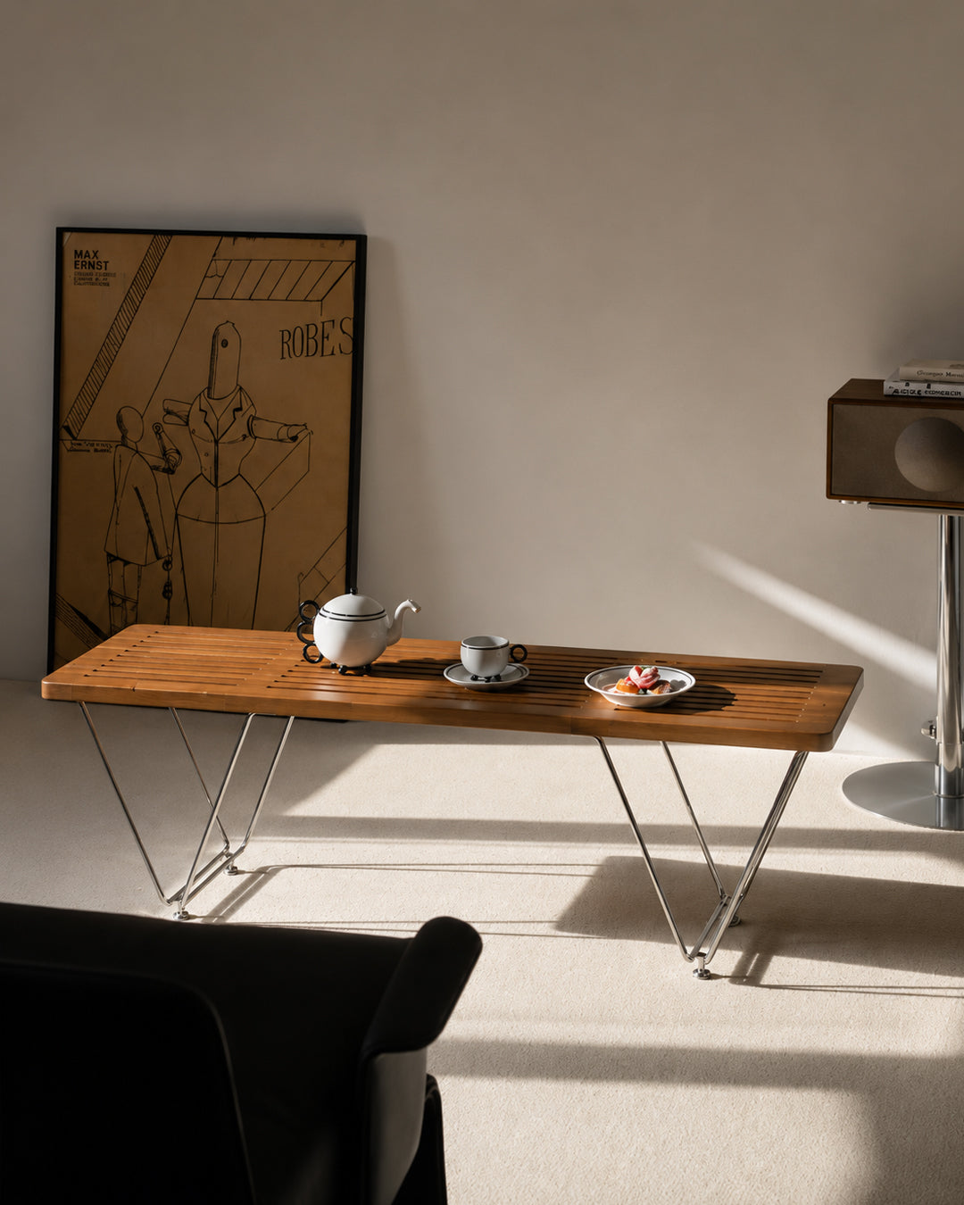 Slat bench styled in an entryway setting
