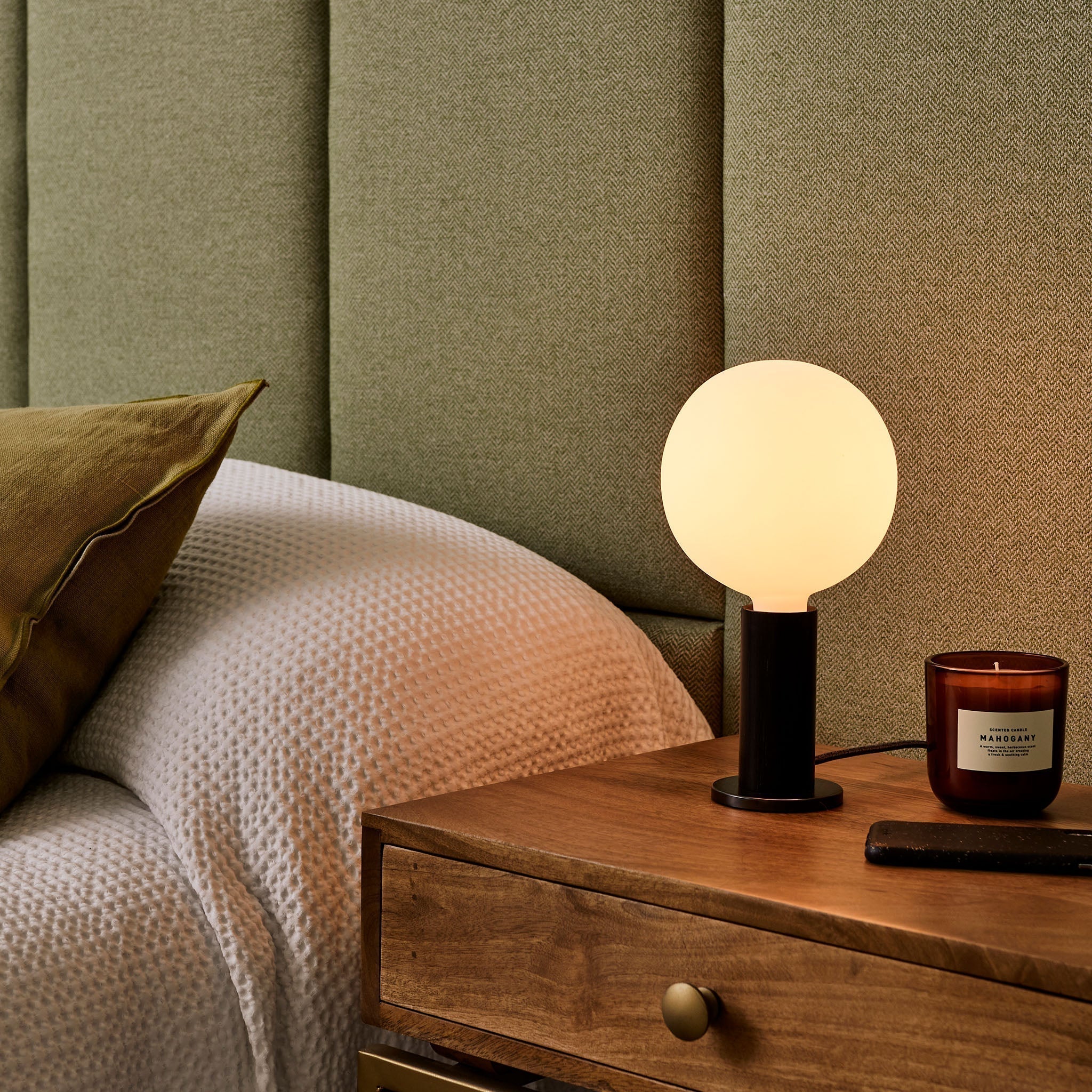 Tala Table Lamp – Wood Base, Brass Finish, Dimmable LED Sphere Bulb