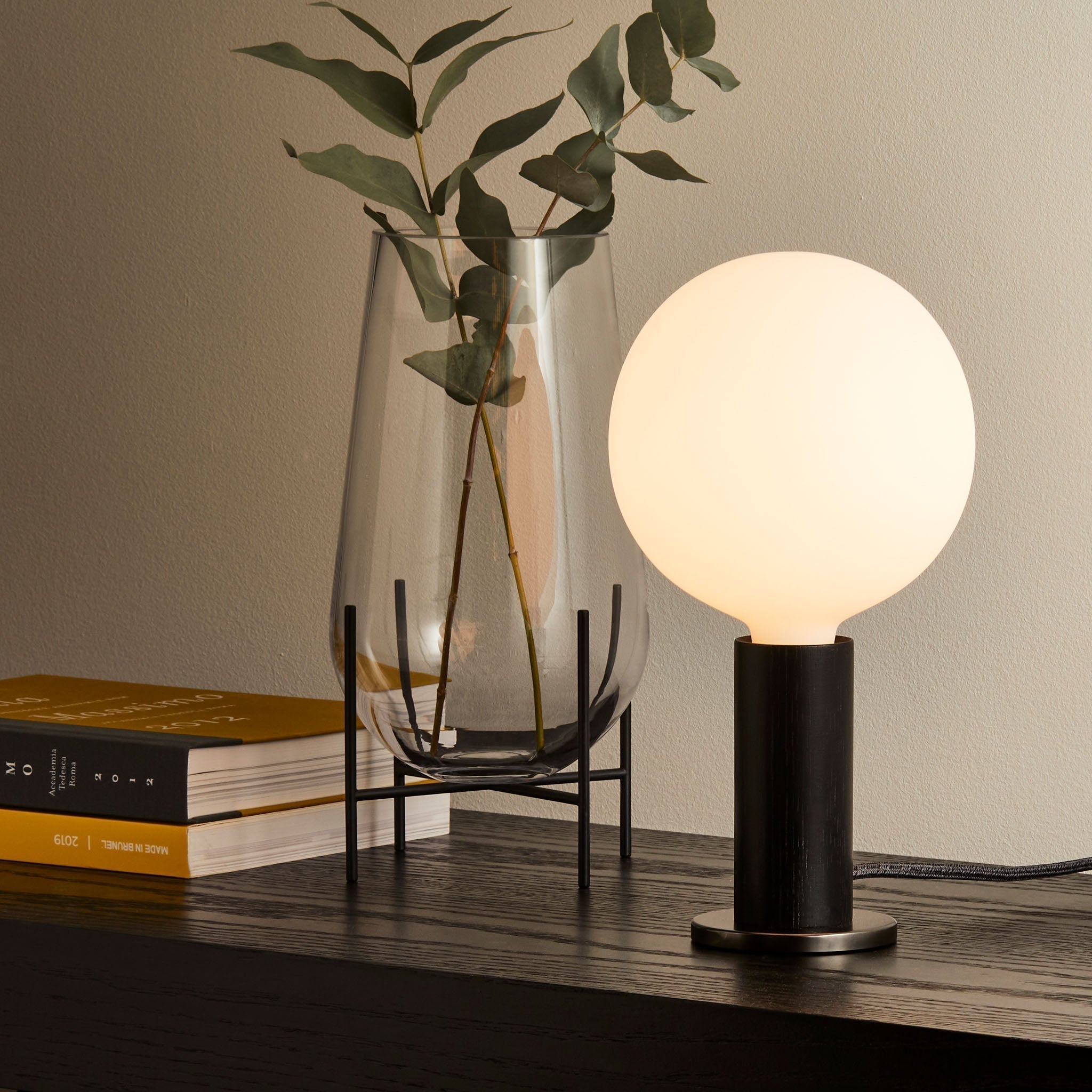 Tala Table Lamp – Wood Base, Brass Finish, Dimmable LED Sphere Bulb