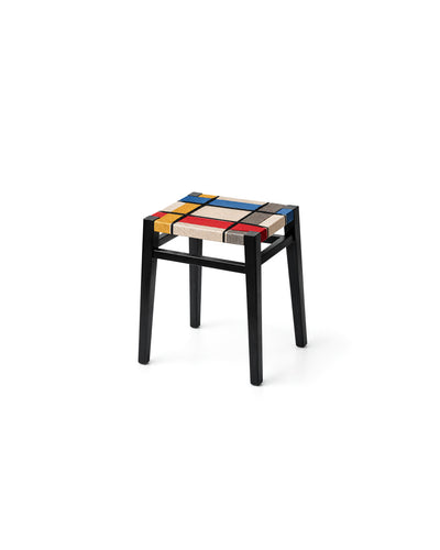 woven cord square stool in mixed plaid cord with black legs - front view product photo