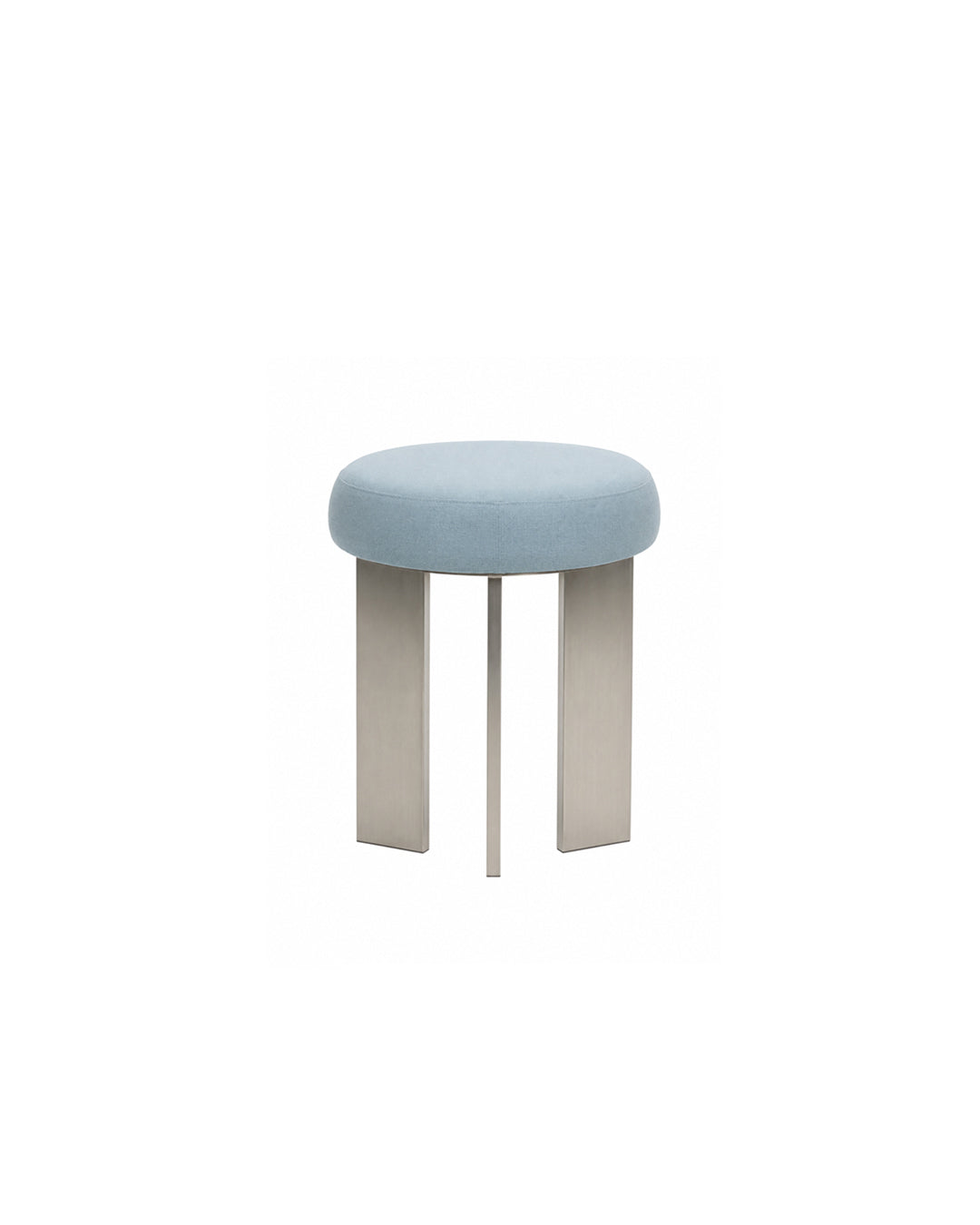 round linen-top accent stool with tripod steel legs in blue - front view product photo