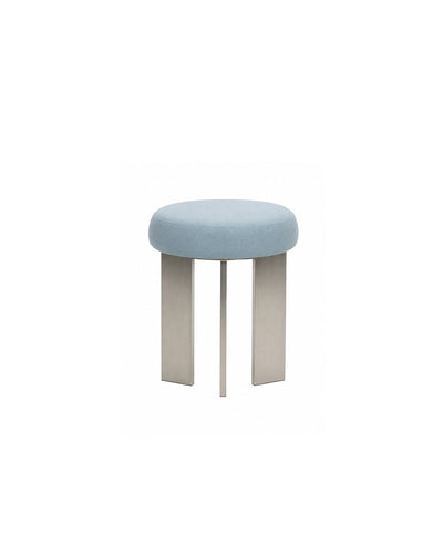 round linen-top accent stool with tripod steel legs in blue - front view product photo