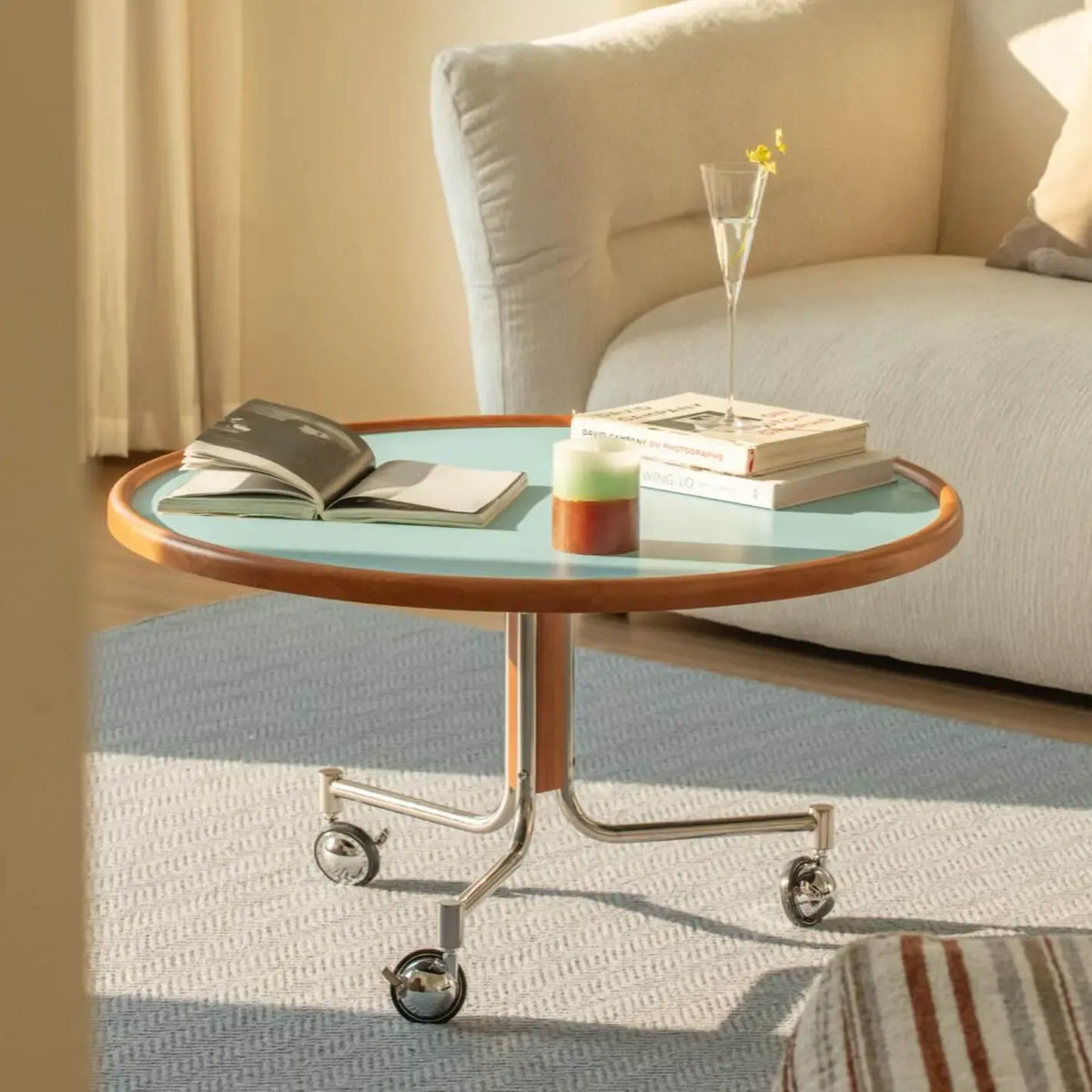 blue mobile coffee table with wheels for contemporary interiors
