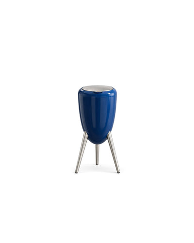 egg shape tripod trash can with lid in blue - front view product photo