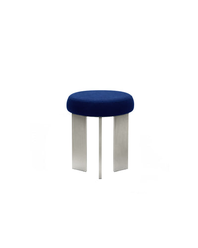 round linen-top accent stool with tripod steel legs in sky blue - front view product photo