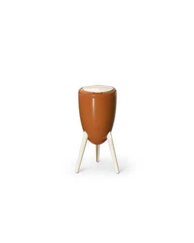 egg shape tripod trash can with lid in coffee brown - front view product photo