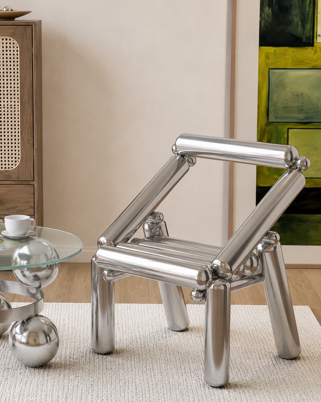 Tubular steel stool and armchair paired in a room setting