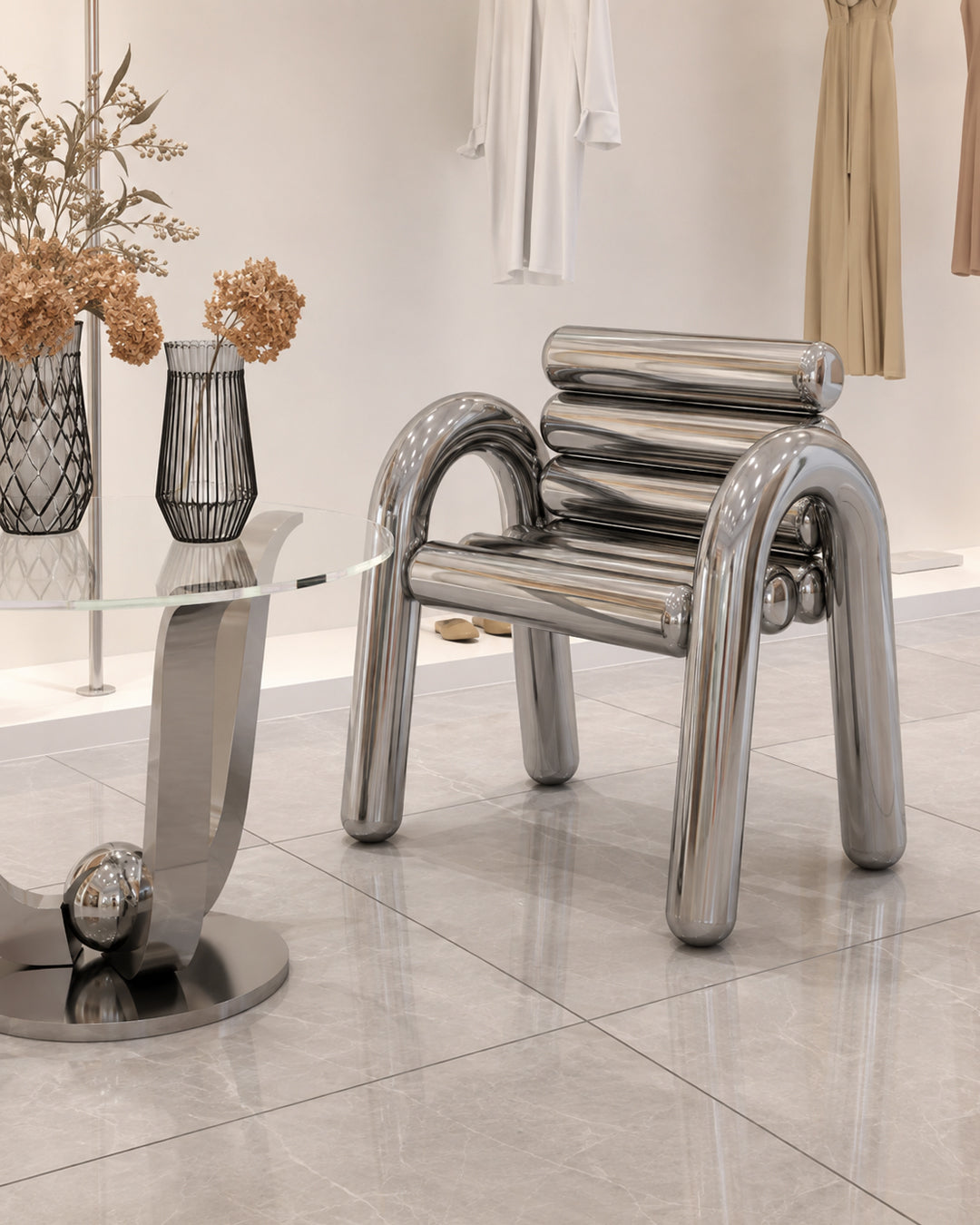 Reflective polished steel finish detail on tube seating frame