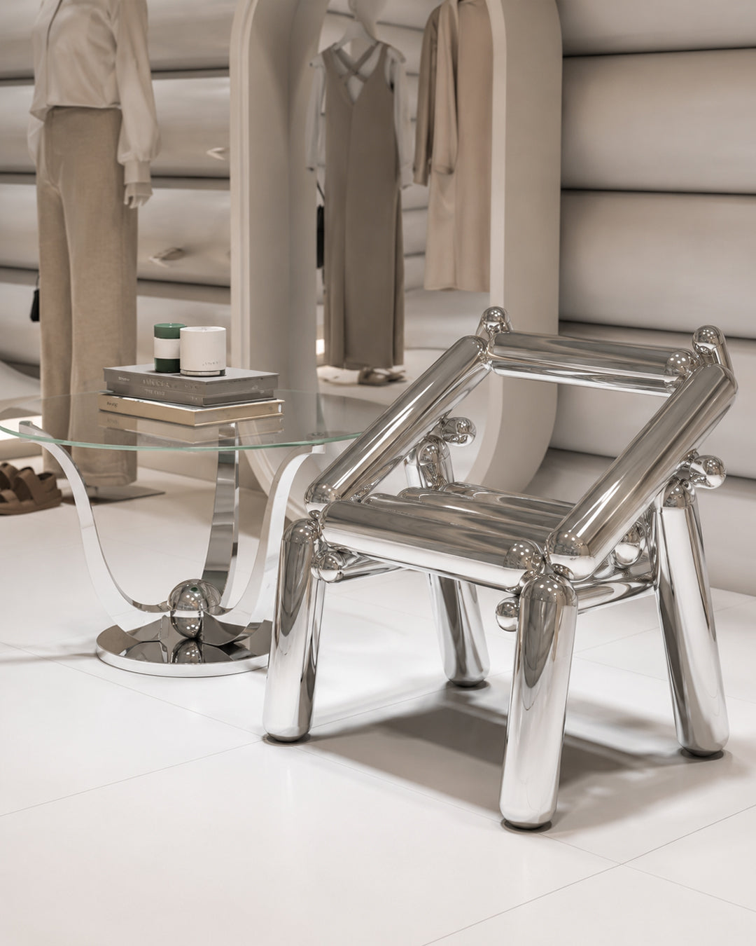 Top-down view of tubular steel stool seat slats