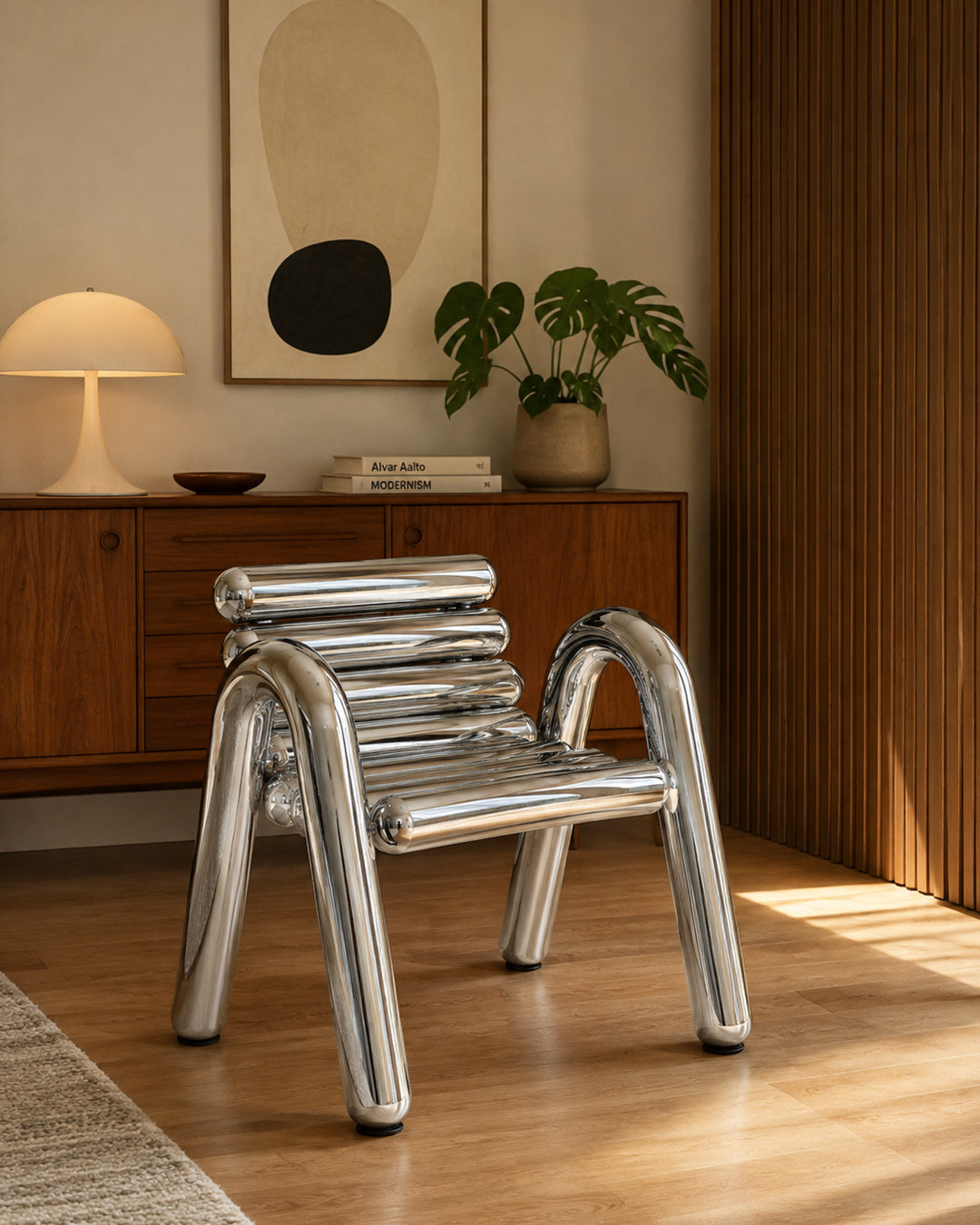 Tubular steel armchair side profile showing curved arm frame