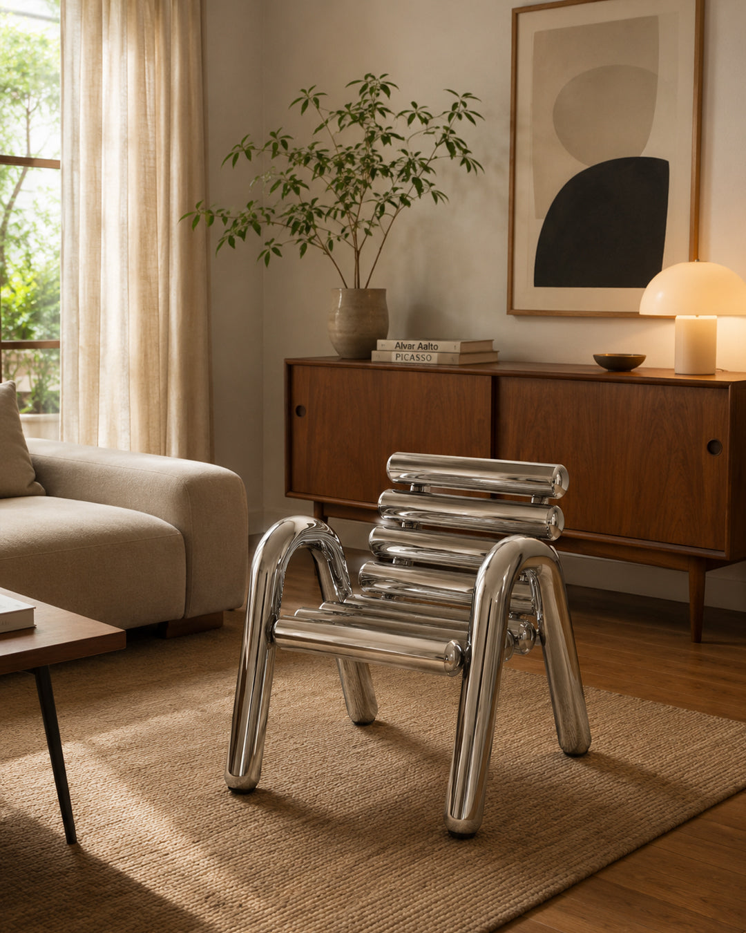 Detail of ladder-slat backrest on tubular steel armchair