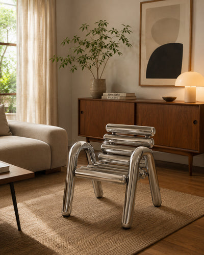 Detail of ladder-slat backrest on tubular steel armchair