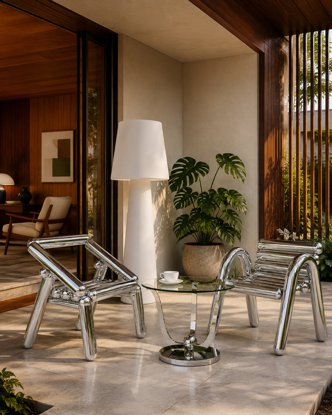 Tubular steel stool styled in a living room corner