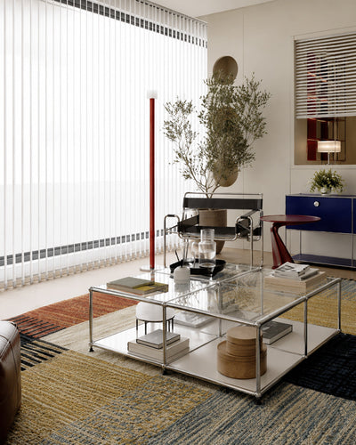 Side profile of two-tier modular glass cube table
