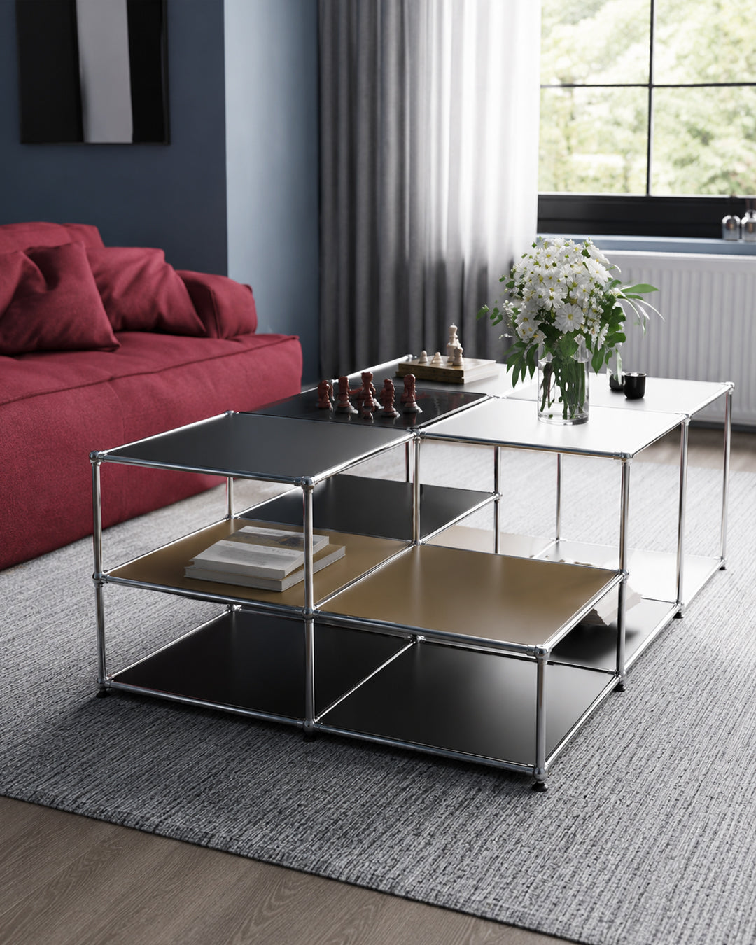 Modular cube table shown with items stored underneath