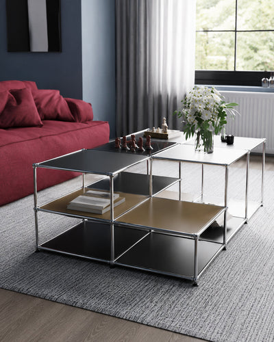 Modular cube table shown with items stored underneath