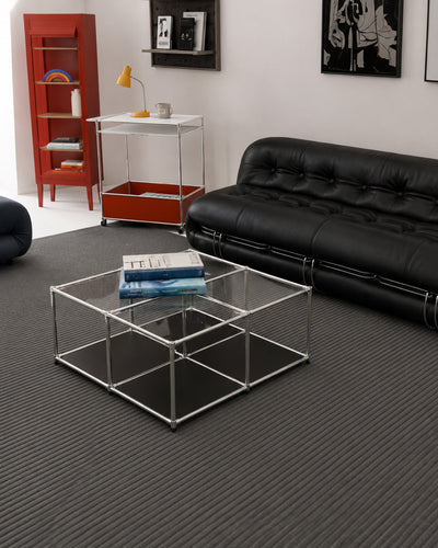 Top-down view of glass cube table grid structure