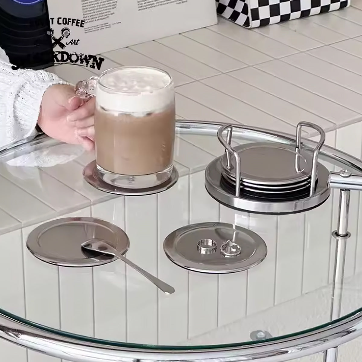 Stainless Steel Coaster Set - 6-Piece Holder Included