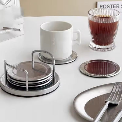 Stainless Steel Coaster Set - 6-Piece Holder Included