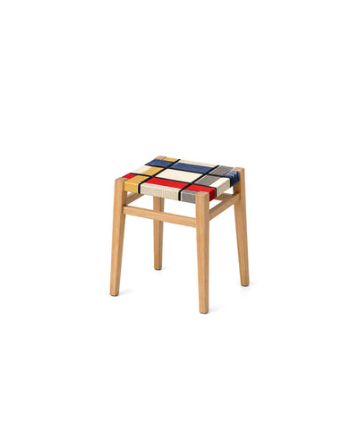 woven cord square stool in mixed plaid cord with beech wood legs - front view product photo