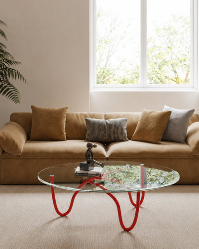 Top-down view of clear glass coffee table top