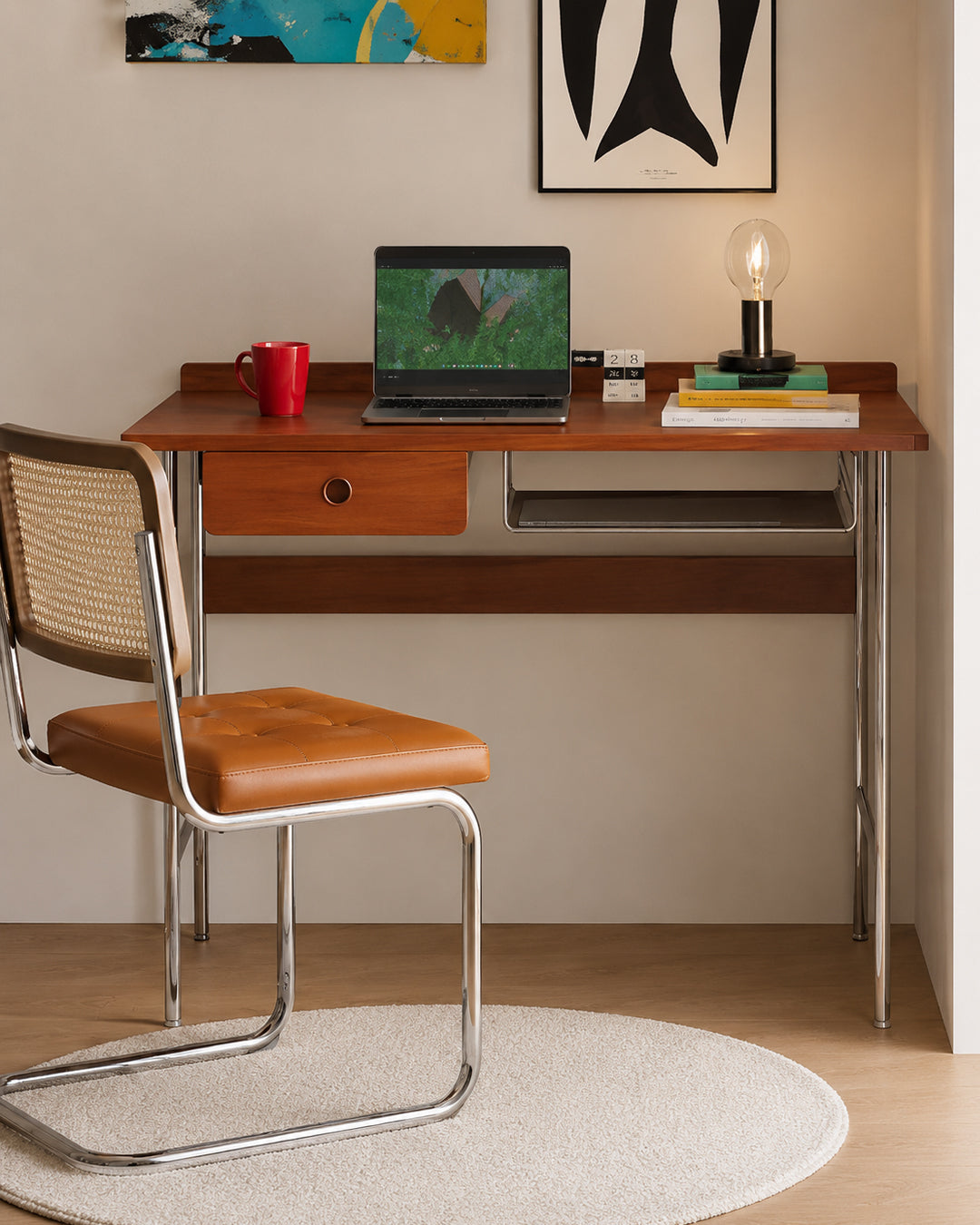 Walnut writing desk styled in a home office setting