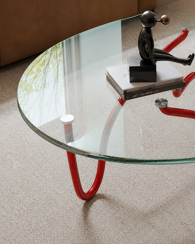 Detail of chrome bolt connector joining glass to metal frame