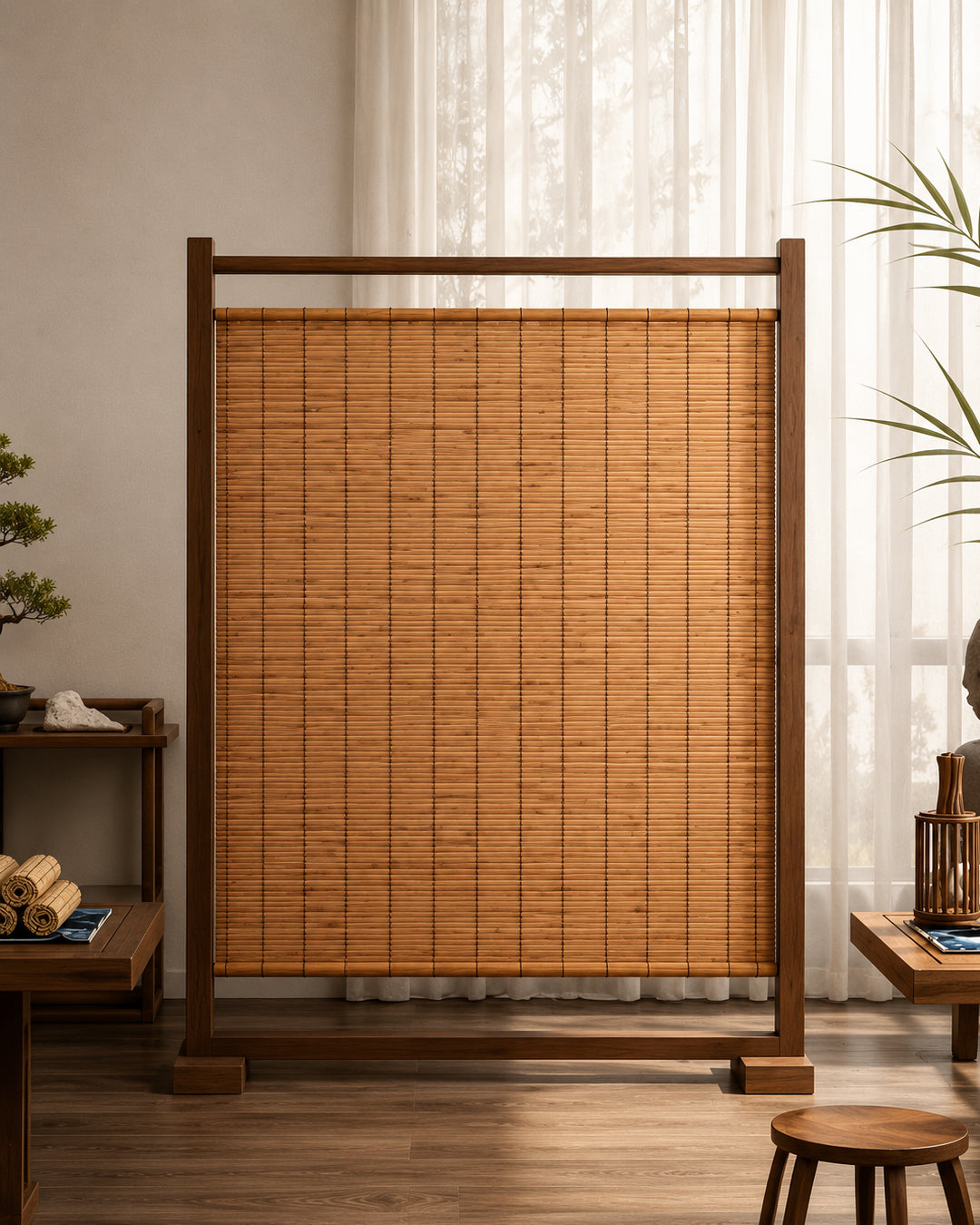 Reed room divider styled in a living room setting