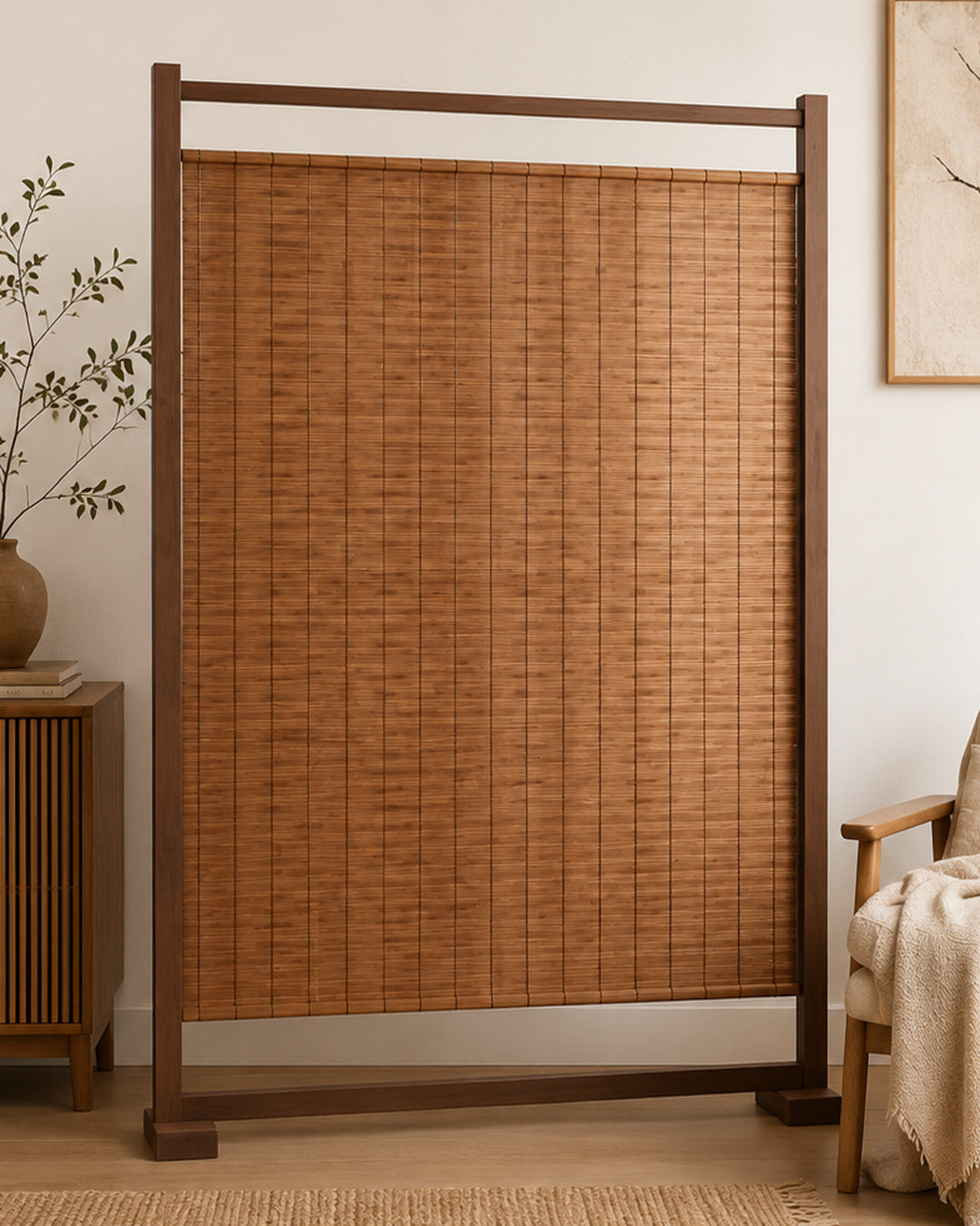 Reed room divider filtering light in a sunlit room