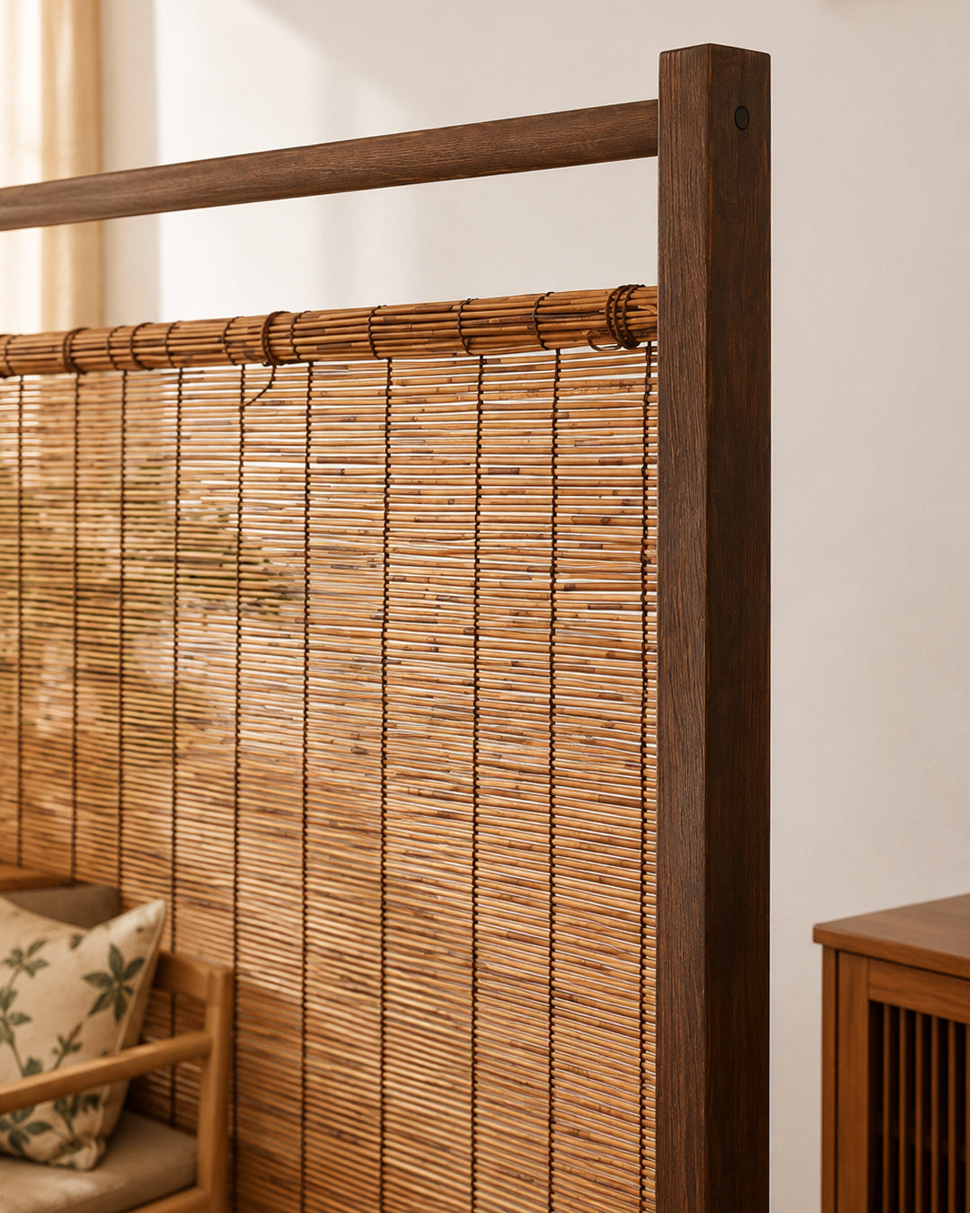 Reed room divider styled in a Japanese-inspired interior