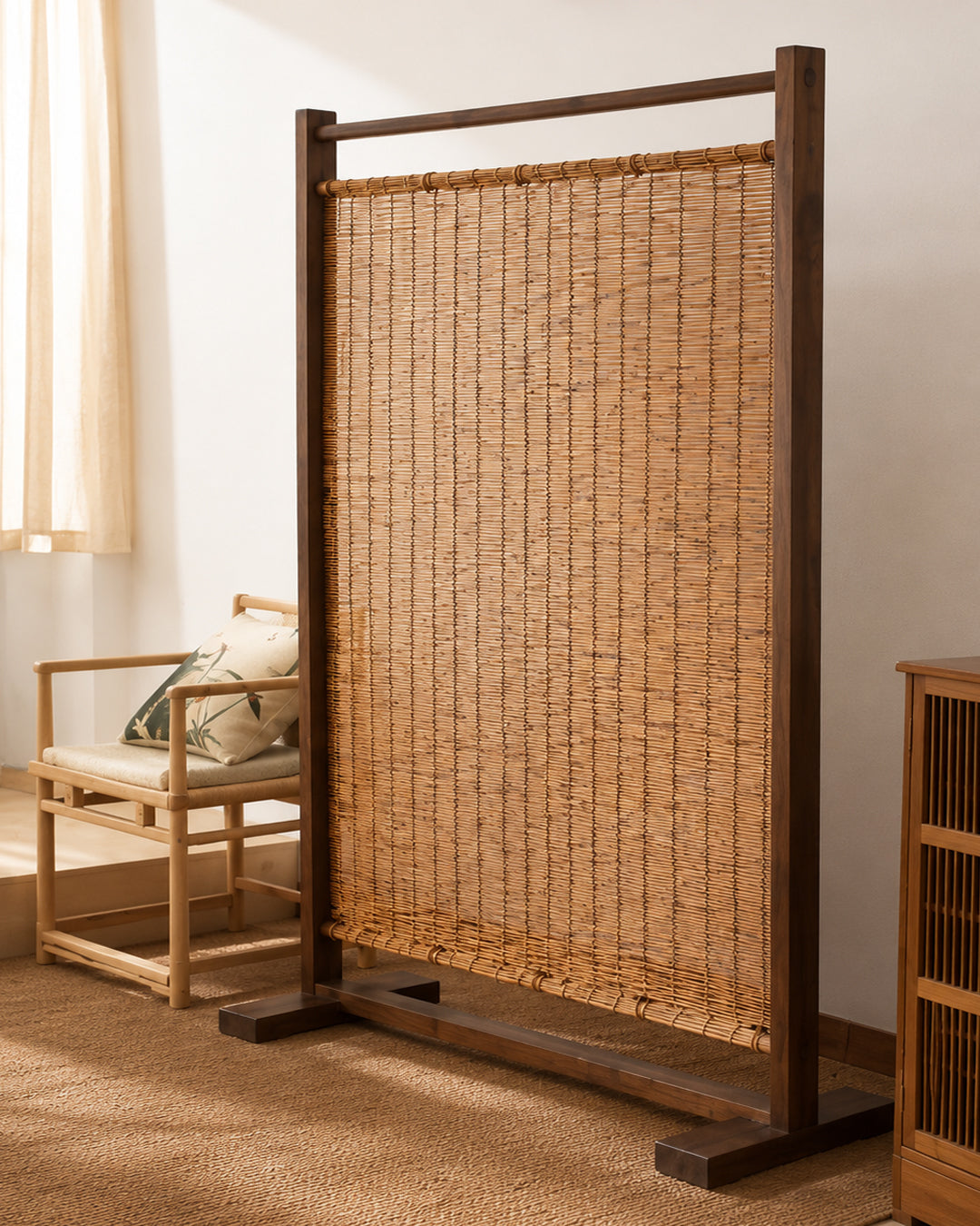 Close-up of woven reed texture on room divider panel