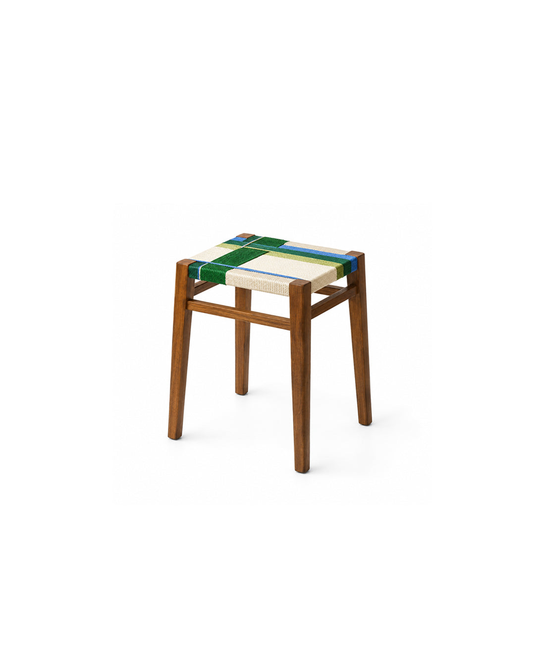 woven cord square stool in green cord with walnut wood legs - front view product photo