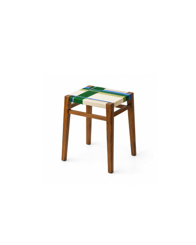 woven cord square stool in green cord with walnut wood legs - front view product photo