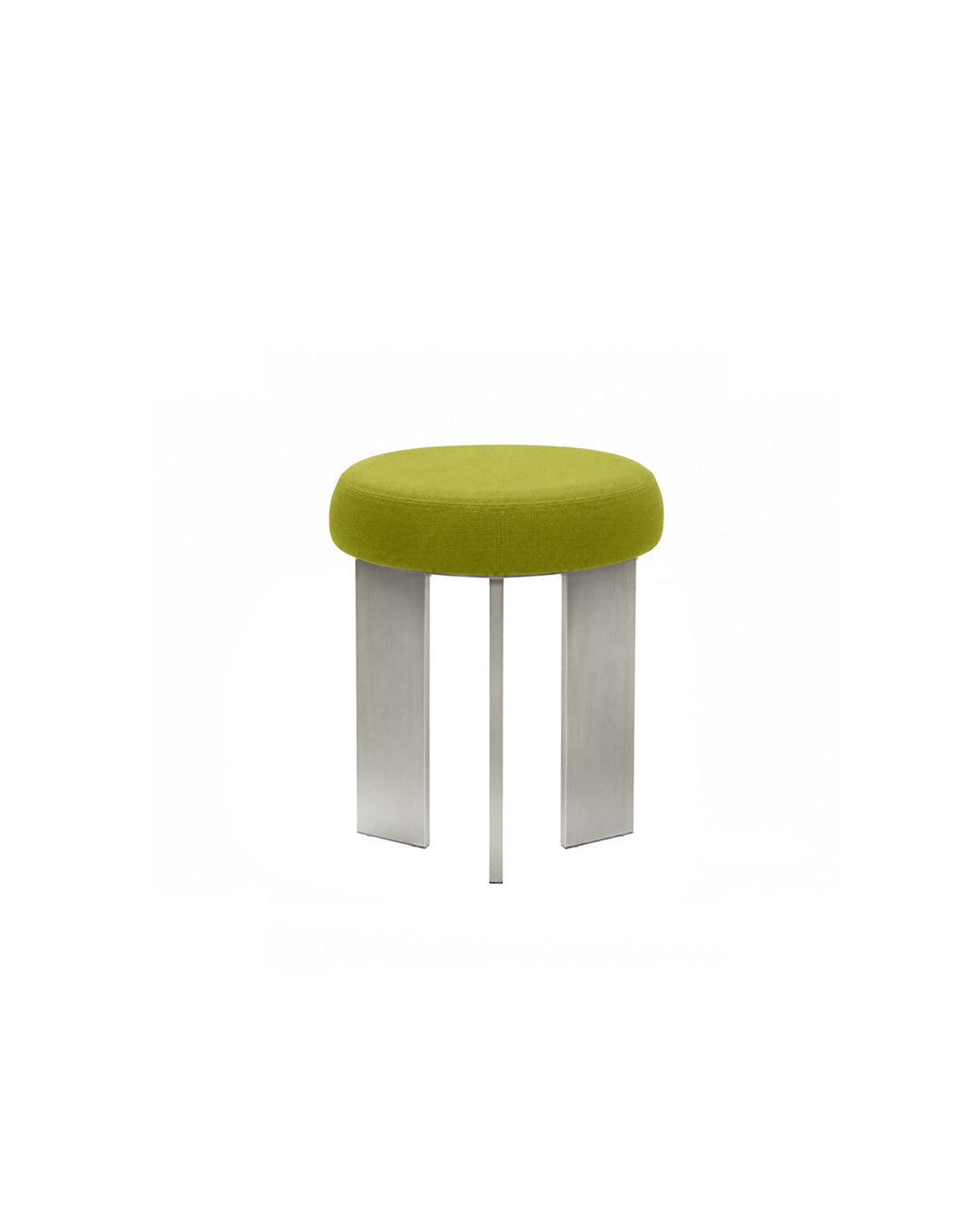 round linen-top accent stool with tripod steel legs in green - front view product photo