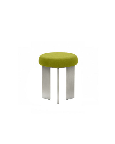 round linen-top accent stool with tripod steel legs in green - front view product photo