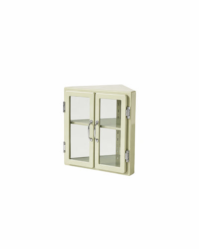 metal MCM vitrine corner display cabinet in green - front view product photo