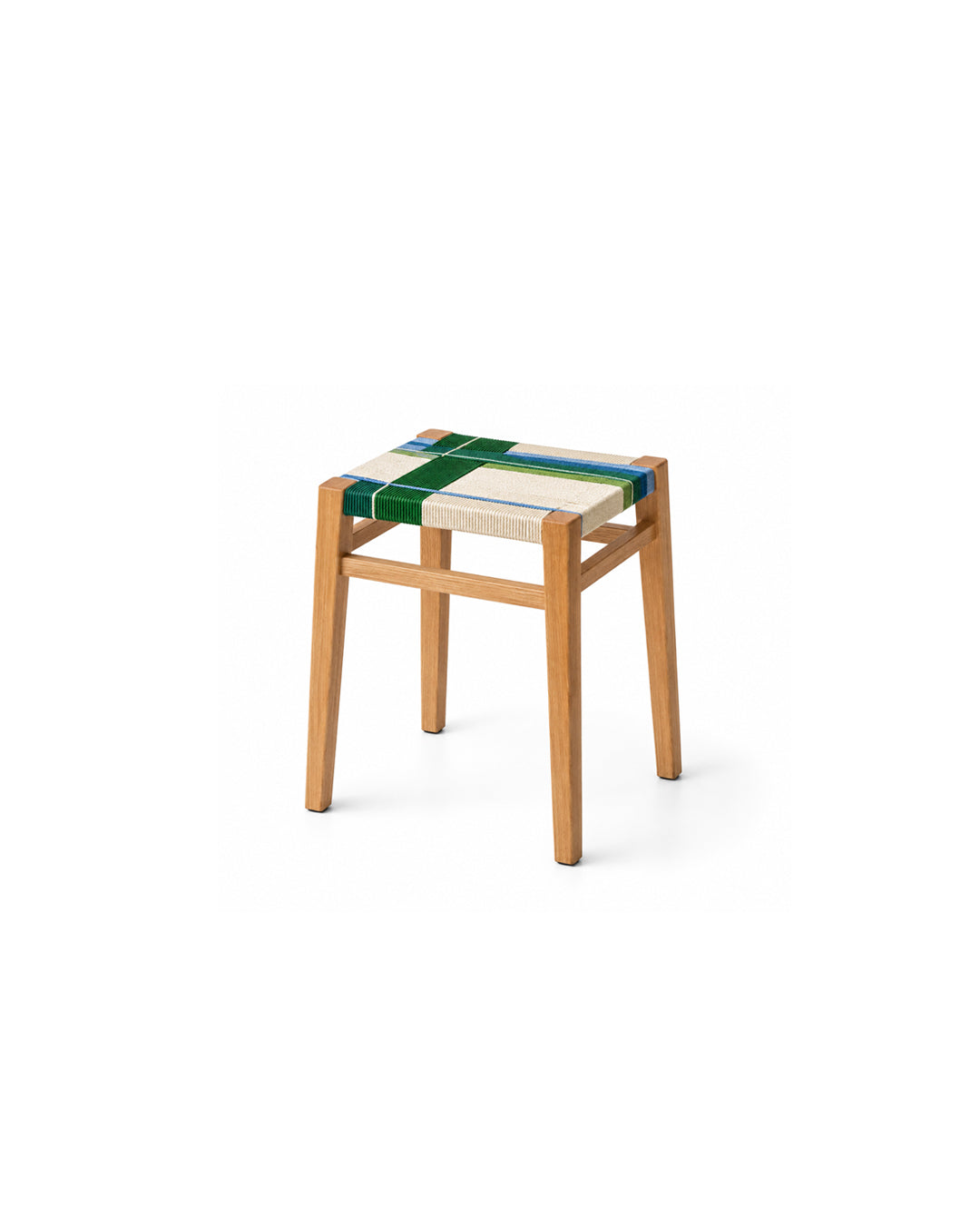 woven cord square stool in green cord with beech wood legs - front view product photo