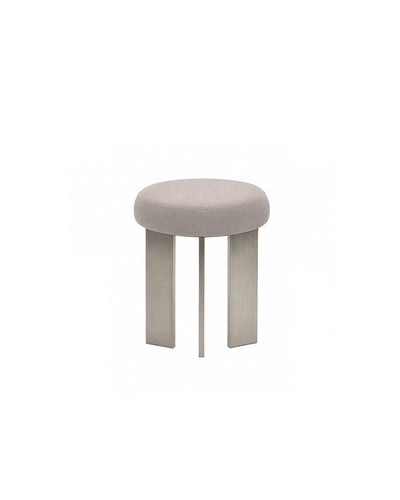 round linen-top accent stool with tripod steel legs in grey - front view product photo