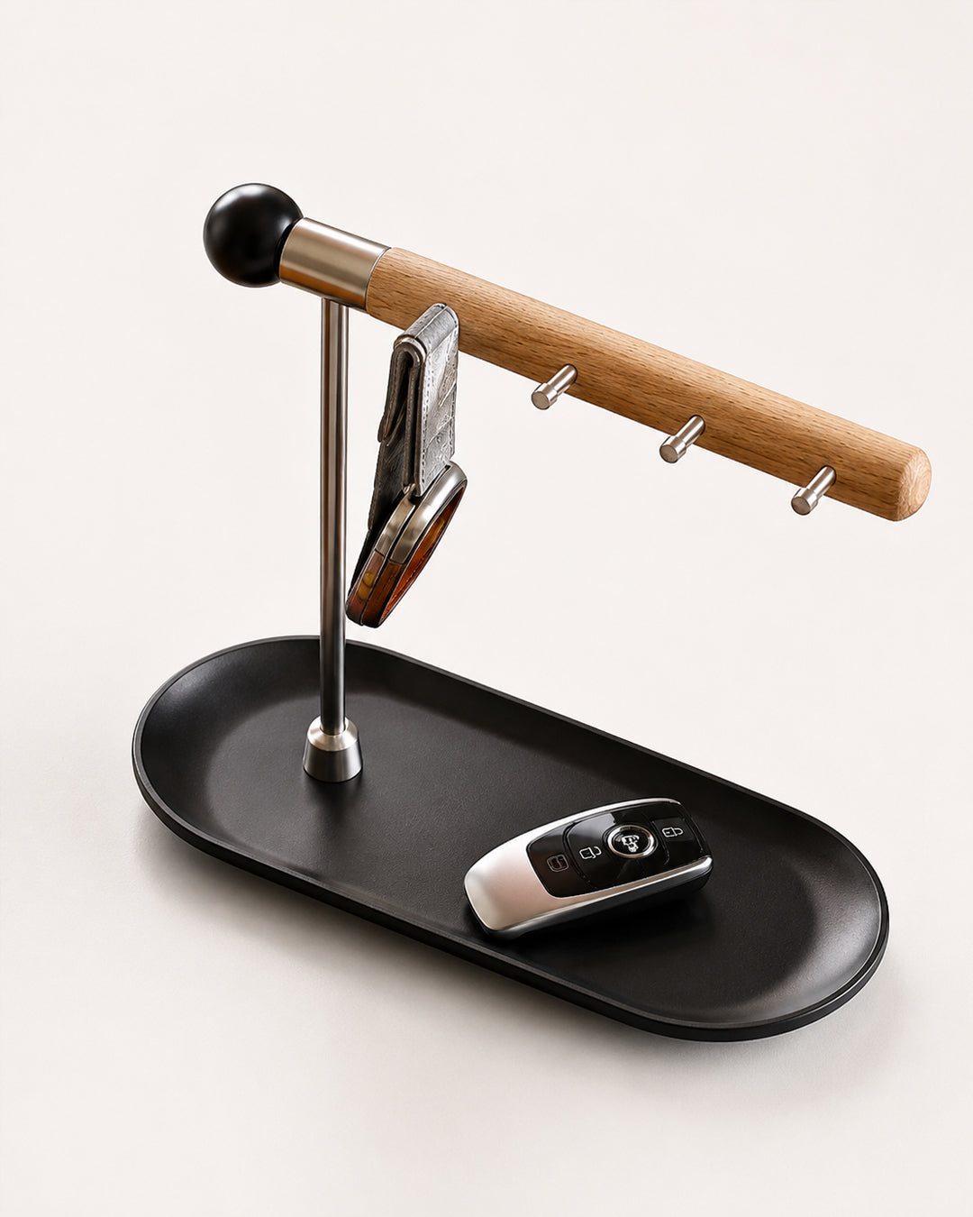 Ball-end cap detail on wood and metal key holder
