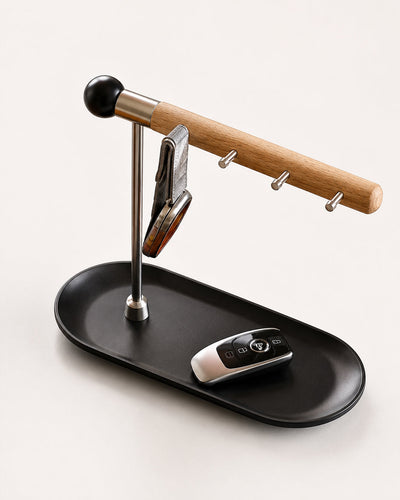 Ball-end cap detail on wood and metal key holder