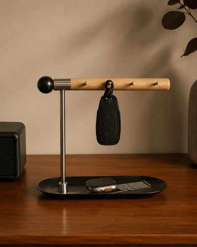 Top-down view of oval metal tray base on key organizer