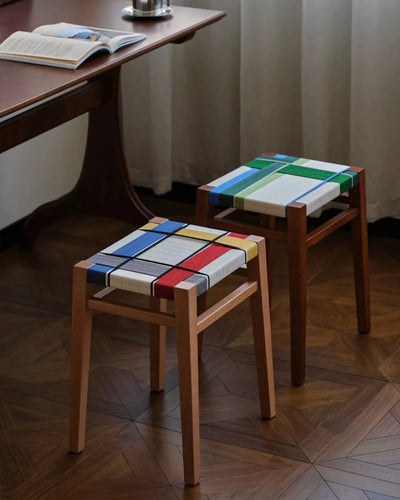 PLAID KNOT | Woven Cord Square Stool, Beech or Walnut
