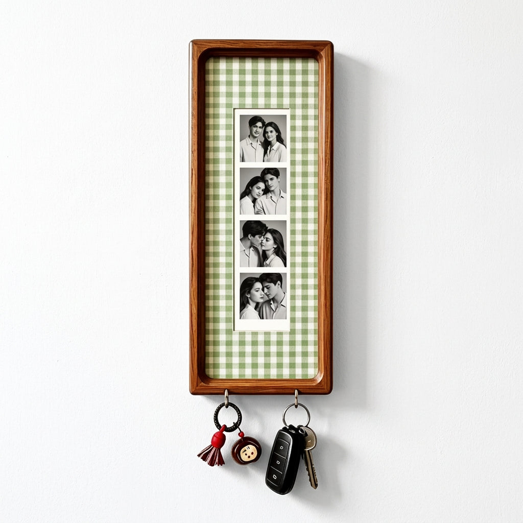 Green check wood photo strip frame with key hooks, studio shot